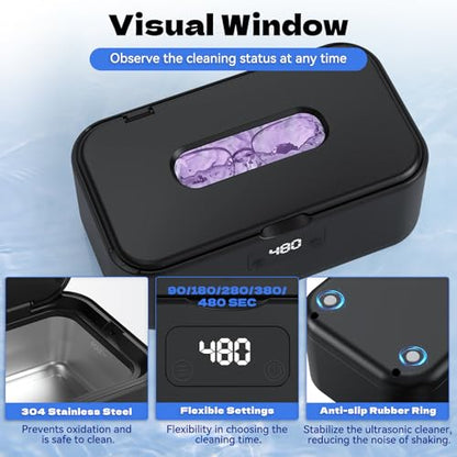 Ultrasonic Jewelry Cleaner, 50Khz Jewelry Cleaner Ultrasonic Machine for Jewelry, Eyeglasses, Rings, Watch Strap, Dentures, 24oz - 304 Stainless Steel Tank, Digital Timer, 5 Cleaning Modes - color: Black