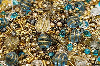 2.1oz (60 g) Mix of Unique Czech Bohemia Glass Pressed Beads, Rocailles, Aztec Pale Gold Crystal, Matte and Glossy, Hand Made BCV - color: Aztec Pale Gold Blue