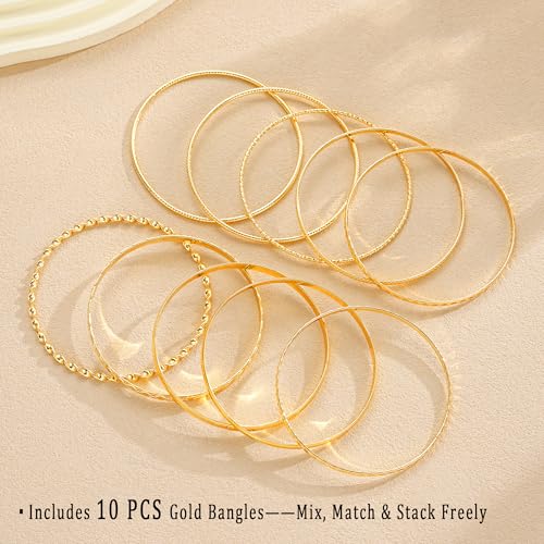 ÌF ME Gold Bangle Bracelets for Women, Indian Bangles Stackable Set, Multi Layer Textured 18K Gold Plated Chunky Bracelets Boho Jewelrys Set - style: F-10PCS Textured bangles