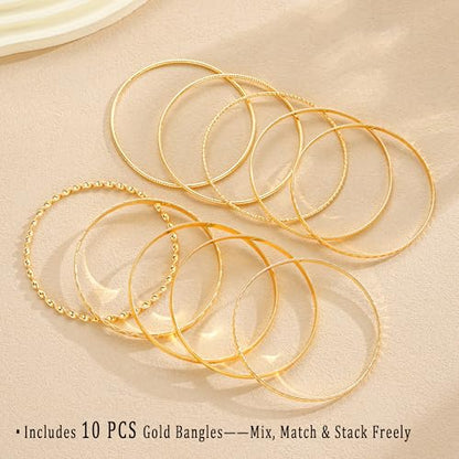 ÌF ME Gold Bangle Bracelets for Women, Indian Bangles Stackable Set, Multi Layer Textured 18K Gold Plated Chunky Bracelets Boho Jewelrys Set - style: F-10PCS Textured bangles