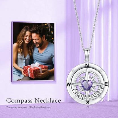 Compass Necklace Sterling Silver Nautical Graduation Gift | 925 Sterling Silver compass pendant with meaningful nautical design, jewelry for women, graduation and travel gift - color: Purple