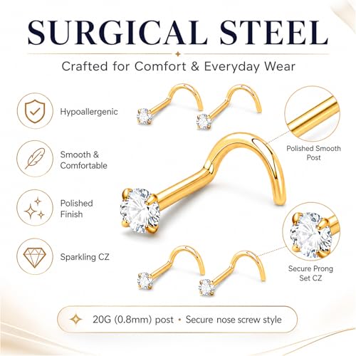 20G Nose Rings for Women, L Shaped Nostril Piercing Studs | 316L Stainless Steel, 0.8 mm×7 mm, 2 mm CZ or 3-4 mm Heart, Star, Moon and Cross, Gold-Tone or Silver-tone, Daily Wear - style: Sunlight Gold