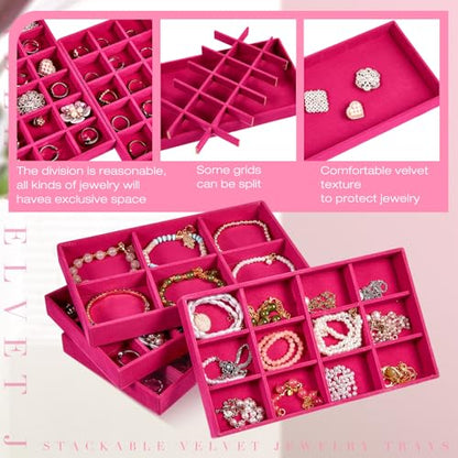 12 Pcs Jewelry Tray Velvet Stackable Jewelry Organizer Trays Divided Earring Accessories Storage Containers Box (Rose Red) - color: Rose Red