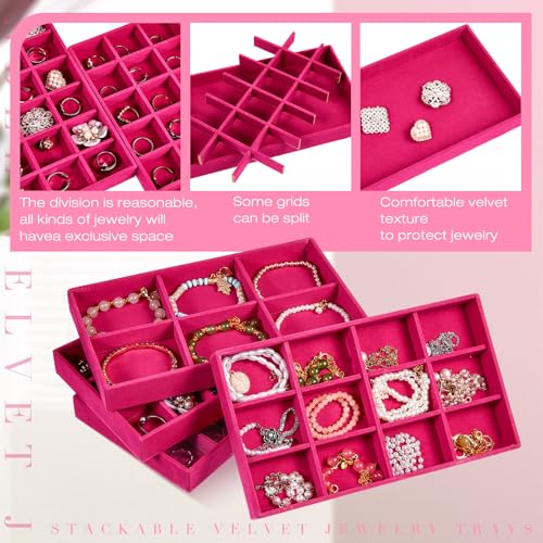 12 Pcs Jewelry Tray Velvet Stackable Jewelry Organizer Trays Divided Earring Accessories Storage Containers Box (Rose Red) - color: Rose Red