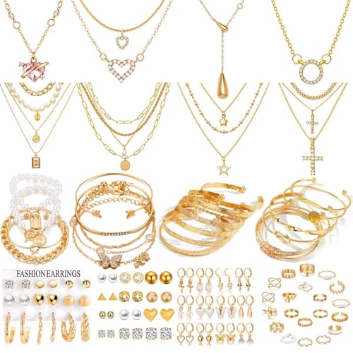 116Pieces Gold Plated Jewelry Set with 8 PCS Necklace, 22 PCS Bracelet, 66 PCS Stud Dangle Earring, 20 Pcs Knuckle Rings for Women Valentine Anniversary Friendship Gifts (GOLD SET)