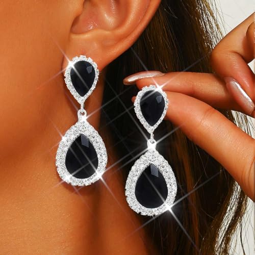 Unicra Silver Rhinestone Teardrop Earrings Crystal Wedding Bridal Dangle Earrings Prom Drop Earrings for Women and Brides - color: Black