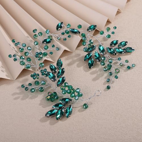 Teyglen Green Crystal Bride Flower Wedding Hair Vine Handmade Rhinestone Headband Bridal Head Piece for Women Party Prom Headpiece Sparkly Rhinestone Hair Accessories (Peacock Green) - color: Peacock Green