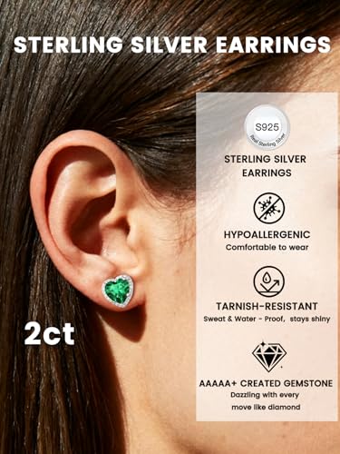 Bestyle Authentic 925 Sterling Silver 2 Carat Birthstone Earrings for Women, More Sparkle Heart/Round Solitaire Diamond Studs Earrings, Great Birthday/Christmas/Anniversary Jewelry for Wife Mother - color: 05. May Emerald-Heart