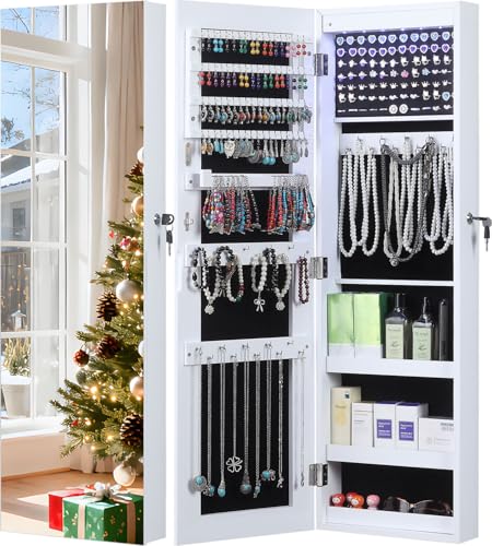 GISSAR Full Length Mirror Jewelry Cabinet, 6 LEDs Jewelry Armoire Wall Mounted Over The Door Hanging, Jewelry Organizer Display Storage Furniture with Lights Locker Mirrored Cabinet, 39.4" H, White - color: White-1