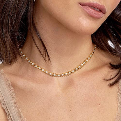 MTMY Beaded Necklaces for Women 14K Gold Plated Dainty Colorful Green/Rose Beaded Pearl Choker Necklace Delicate Boho Choker Necklace Jewelry Gift - style: Pearl beads