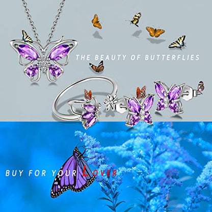 925 Sterling Silver Birthstone Butterfly Jewelry Women Crystal Animal Cute Butterflies Birthday Necklace/Earring/Ring/Bracelet Sets Birth Stone Statement Anniversary Jewellery - color: 2-B.February-Amethyst