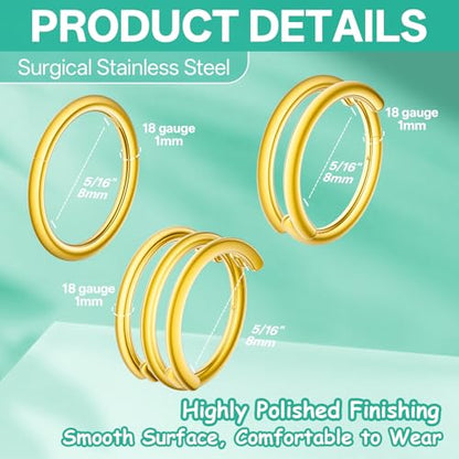 davka Nose Ring Set, 18G Hinged Hoop 8mm & 20G Nose Studs, Stainless Steel & Gold Plated, Hypoallergenic, Multiple Styles Nose Piercing Jewelry - color: Gold/3Pcs Hoops/18gauge 8mm/Set-C