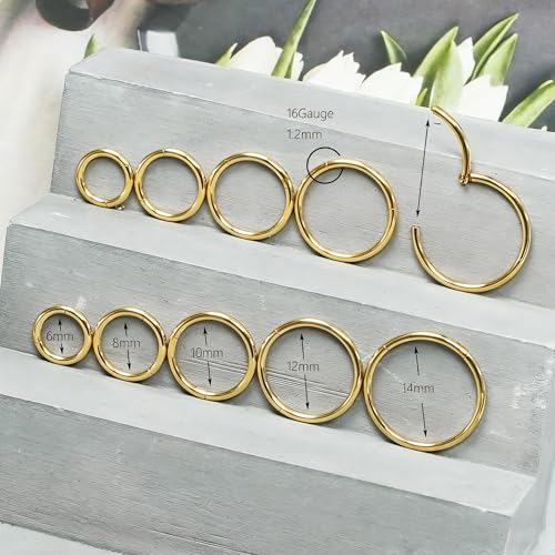 16Gauge earrings nosering clicker hoop Hypoallergenic body piercing ring | 6-14mm/6-12mm/Stainless Steel Gold/Silver,Septum Rings Hinged Clicker, Helix Cartilage Daith Tragus,Sleeper Hoop,Piercing - color: Gold