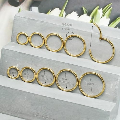 16Gauge earrings nosering clicker hoop Hypoallergenic body piercing ring | 6-14mm/6-12mm/Stainless Steel Gold/Silver,Septum Rings Hinged Clicker, Helix Cartilage Daith Tragus,Sleeper Hoop,Piercing - color: Gold