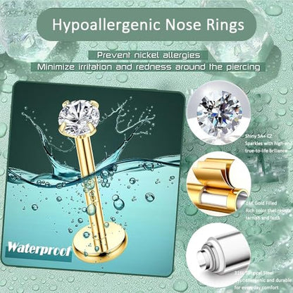20G Nose Rings Hoop Set for Women, 12PCS Hypoallergenic Stainless Steel Comfortable for Ear Stack Daily Wear Dainty Non Tarnish Nose Hoop Stud Set, L Shaped CZ Threadless Flat Back Nose Stud Piercing Jewelry - color: 20G(0.8MM)-Gold