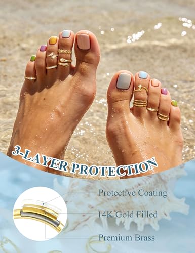 9Pcs 14K Gold Filled Toe Rings for Women Non Tarnish Waterproof Toe Ring Set Adjustable Dainty Simple CZ Open Band Toe Rings Beach Summer Foot Jewelry