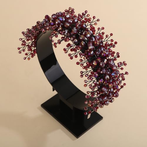 Rhinestones Beads Hair Crown for Wedding Brides Women Tiara Jewelry Handmade Sparkle Hair Piece - color: Black Red