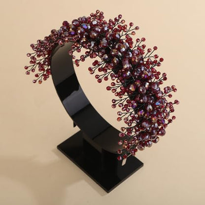 Rhinestones Beads Hair Crown for Wedding Brides Women Tiara Jewelry Handmade Sparkle Hair Piece - color: Black Red