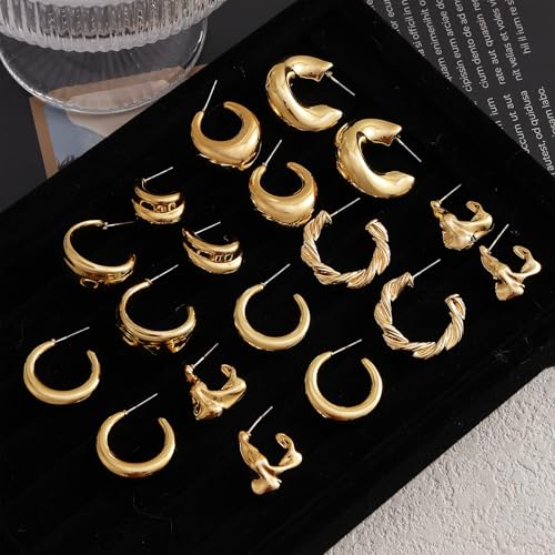 IFKM 24 Pairs Gold Hoop Earrings Set for Women Hypoallergenic Chunky Chain Twisted Open Hoops Dangle Earring Packs for Birthday Party Christmas Fashion Jewelry Gift - color: 9 Pairs Gold Style 2