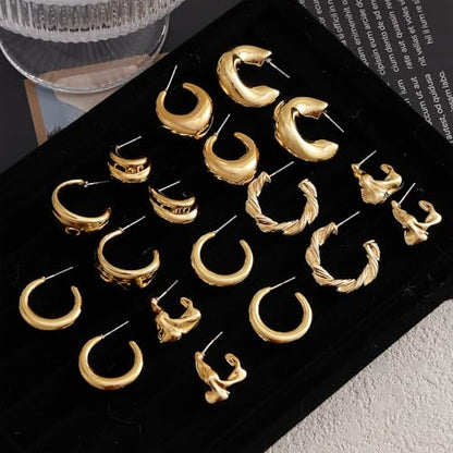 IFKM 24 Pairs Gold Hoop Earrings Set for Women Hypoallergenic Chunky Chain Twisted Open Hoops Dangle Earring Packs for Birthday Party Christmas Fashion Jewelry Gift - color: 9 Pairs Gold Style 2