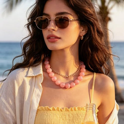 Chunky Beaded Necklace for Women Trendy Boho Collar Statement Necklace Large Round Resin Beads Choker Necklaces Summer Beach Jewelry Gifts - color: Pink