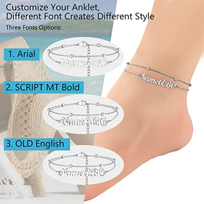 PROSTEEL Trendy Handcuffs Design/Customize Words Ankle Bracelet For Women, 316L Stainless Steel Anklets Silver/Gold/Black Tone, Hypoallergenic, Come with Box - style: 04 Customize-Bead Chain(8.5"-10.5")-Elegant Silver