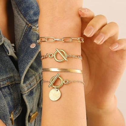Alegend Bracelets Sets 14K Gold Plated Stackable Various Style Paperclip Chains to Toggle Clasp with Coin Charm Trendy