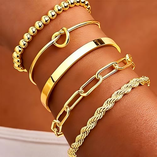 Gold Bracelets for Women, 5 Pcs Non-Tarnish Gold Plated Stackable Bangles with Beaded, Knot, Twisted, Cuff & Chain Designs, Everyday Jewelry Gifts - color: Gold-5pcs