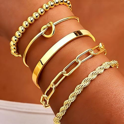 Gold Bracelets for Women, 5 Pcs Non-Tarnish Gold Plated Stackable Bangles with Beaded, Knot, Twisted, Cuff & Chain Designs, Everyday Jewelry Gifts - color: Gold-5pcs