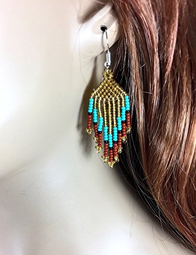 Handmade Beaded Indian Necklace,Inspired by Native American Style Long Necklace Earrings Set,One of a Kind beaded Necklace for Women,Perfect for Occasions, Gifts - color: Golden Brown