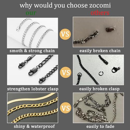 Zocomi 3 PCS Chain Necklace for Men Women, Stainless Steel Cuban Link/Figaro/Herringbone Chains Set Jewelry Gifts, 16/18/20/22/24 Inches - color: Silver, size: 24 inch (60cm)Extra Long Fit