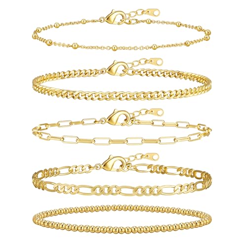 Gold Bracelets for Women, 14K Gold Plated Stackable Bracelet Stack Set Adjustable Charm Paperclip Chain Cuban Link Layered Waterproof Jewelry Sets Gifts for Womens 6.5 Inch - color: Golden-A 6.8 IN