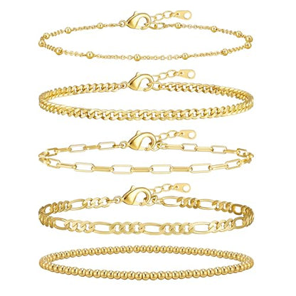 Gold Bracelets for Women, 14K Gold Plated Stackable Bracelet Stack Set Adjustable Charm Paperclip Chain Cuban Link Layered Waterproof Jewelry Sets Gifts for Womens 6.5 Inch - color: Golden-A 6.8 IN