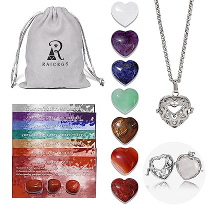 Raicegs Heart Shaped Crystals and Healing Stones 7 Chakra Crystal Necklace 0.8 inch Heart Gemstones Natural Stones Necklaces for Women Spiritual Gift for Women Teen - style: Heart-7PCS