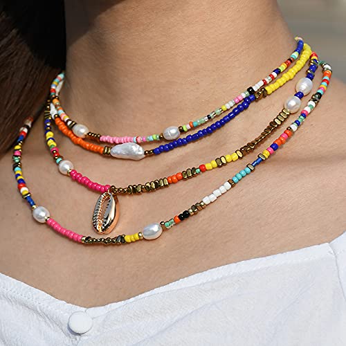 Wellike Freshwater Pearl Beaded Necklace for Women Handmade Boho Colorful Glass Beads Choker Necklace Stainless Steel 18K Gold Plated Bohemian Women Summer Jewelry Gifts - color: KKWX919AMZ
