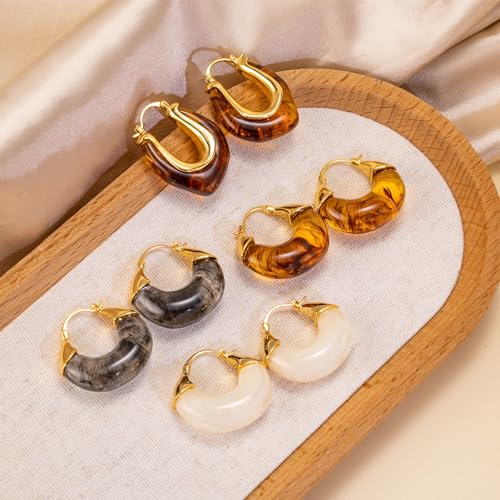 LAXPICOL Gold Chunky Dangle Earrings For Women Resin Stone Earrings Hoop Earrings, 18k Plated Oval Resin Stone Statement Earrings for Women Unique Dangling Teardrop Baroque Huggies Hoop Earrings - color: Black-Teardrop 2