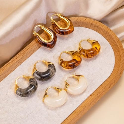 LAXPICOL Gold Chunky Dangle Earrings For Women Resin Stone Earrings Hoop Earrings, 18k Plated Oval Resin Stone Statement Earrings for Women Unique Dangling Teardrop Baroque Huggies Hoop Earrings - color: Black-Teardrop 2