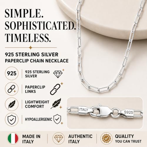 18k Gold Plated 925 Sterling Silver Chain Necklace for Women,3.0mm Thin Sturdy Paperclip Chain, Layering Necklace Tarnish Resistant Dainty Jewelry Gift 18/20/22/24/26 Inch - color: Silver, size: 24 Inch