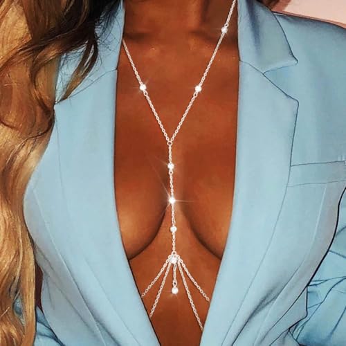 Urieo Rhinestone Bra Chain Crystal Body Chain Jewelry for Women - style: B-Silver