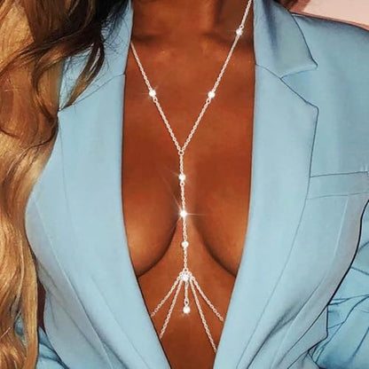 Urieo Rhinestone Bra Chain Crystal Body Chain Jewelry for Women - style: B-Silver
