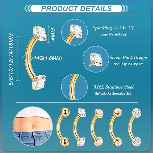 5PCS 14G 316L Stainless Steel Small Belly Button Rings for Women Tiny Simple Internally Threaded Navel Rings Hypoallergenic Petite CZ Opal Eyebrow Lip Daith Rook Piercing Jewelry 6-16MM - color: Gold, size: Bar Length：14MM ( long )