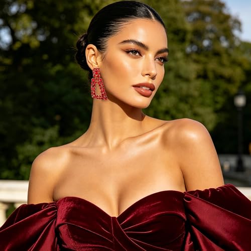 Flyonce Rectangle Clip-on Drop Earrings for Women, Sparkly Rhinestone Crystal Geometric Statement Non Pierced Earring Wedding Prom Party Jewelry for Brides Bridesmaid - color: Red