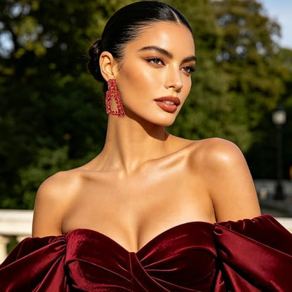 Flyonce Rectangle Clip-on Drop Earrings for Women, Sparkly Rhinestone Crystal Geometric Statement Non Pierced Earring Wedding Prom Party Jewelry for Brides Bridesmaid - color: Red