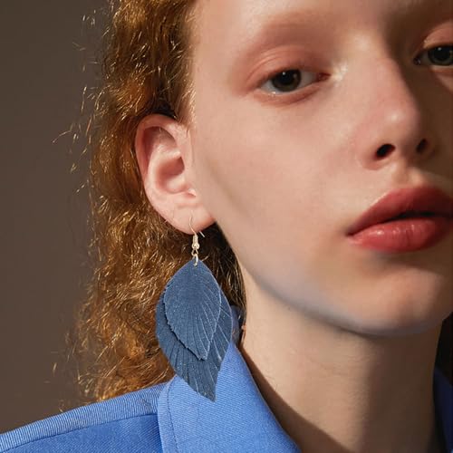 Handmade Bohemian Large Soft Genuine Leather Fringe Double Feather Dangle Drop Earrings Lightweight Simple Color PU Leaf Hook Earrings for Women - color: Navy