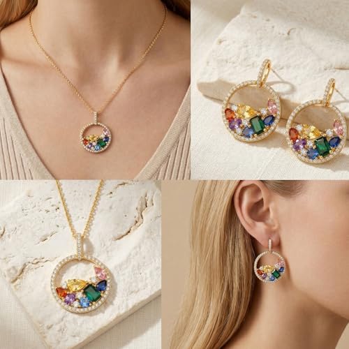 Christmas Jewelry Set for Women, 14K Gold Plated Colorful Cubic Zirconia Necklace and Earrings Set with 925 Sterling Silver Posts, Red Green Holiday Jewelry Gift for Her - color: Rainbow Halo Jewelry Set