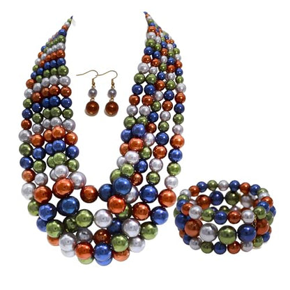 Faux Big Pearl Srand Necklaces for Women 5 Layers Pearls Choker Bib Collar Necklace Bracelet and Earrings set 1920s Costume Pearl Jewelry Bridal Wedding - color: colorful navy blue