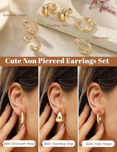 BESTEEL 3Pairs Clip on Earrings for Women Trendy Chunky Hoops Fake Earrings | Hypoallergenic 14K Gold Plated Lightweight Tube Croissant Waterdrop Clip-on Earrings Set Non Pierced Earrings Jewelry Gift - color: Gold-Stylish