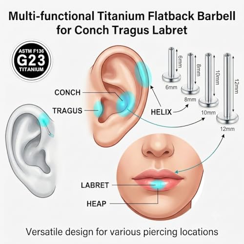 DJCIW G23 Titanium 18G Internally Threaded Flat Back Labret Post Only, 6-12mm Replacement Piercing Shaft for Helix Tragus Nose Lip - color: gold-16G=1.2*6/8/10/12mm