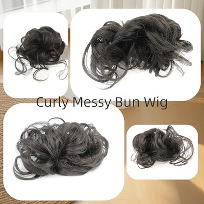 Brown Black Curly Messy Bun Wig Wavy Hair piece Easy Updo Extensions Claw Clips for Women Girls Natural Fake Wig Tie Headpiece - color: Black