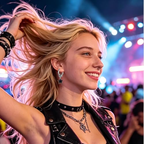 Y2K Black Star Dangle Hoop Earrings for Women Men | Silver Punk Ring Huggie, Edgy Gothic Star Charm, Streetwear Fashion